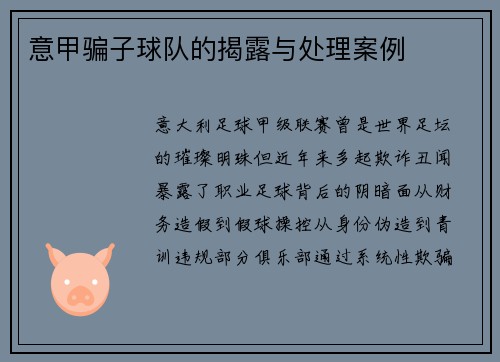 意甲骗子球队的揭露与处理案例